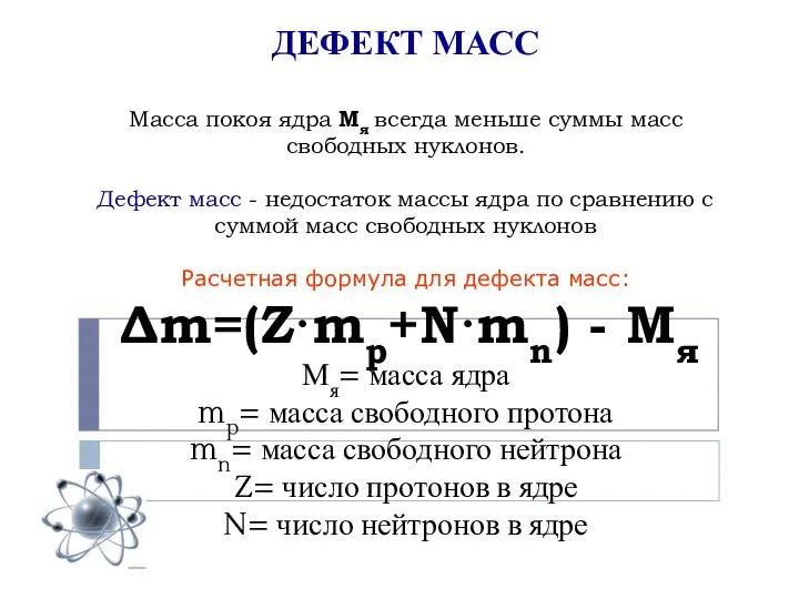 ДЕФЕКТ МАСС Масса покоя ядра Мя всегда меньше суммы масс свободных нуклонов.