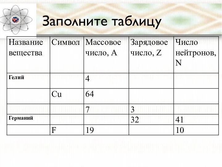 Заполните таблицу