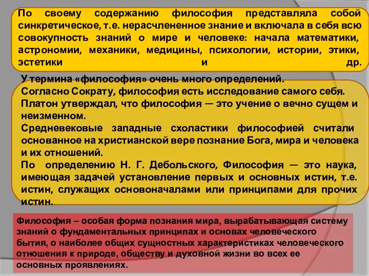 По своему содержанию философия представляла собой синкретическое, т.е. нерасчлененное знание и включала