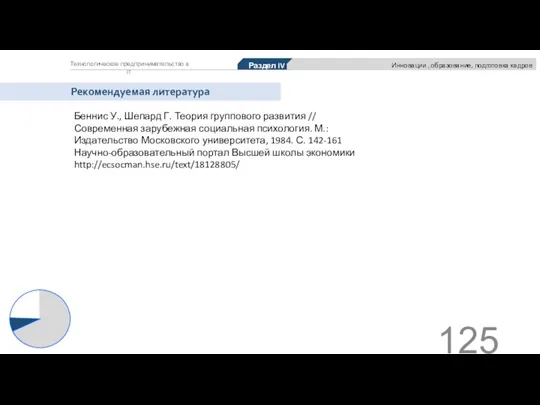 Технологическое предпринимательство в IT Рекомендуемая литература Беннис У., Шепард Г. Теория группового