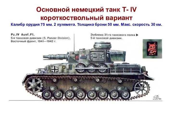 Основной немецкий танк Т- IV короткоствольный вариант Калибр орудия 75 мм. 2
