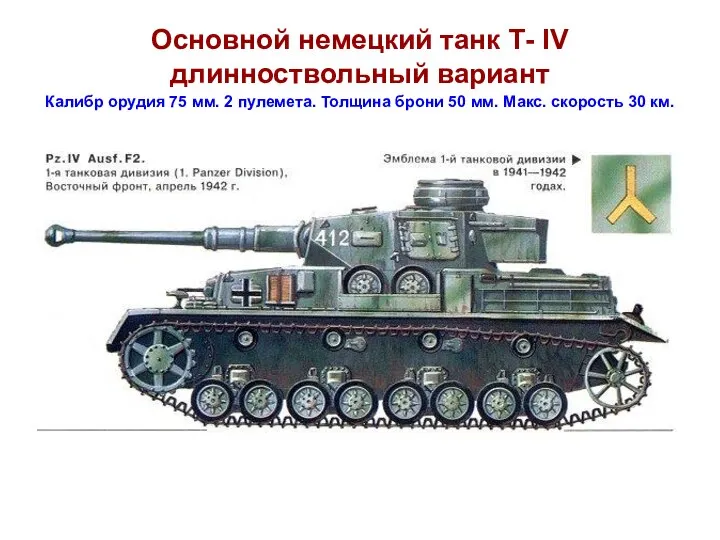Основной немецкий танк Т- IV длинноствольный вариант Калибр орудия 75 мм. 2