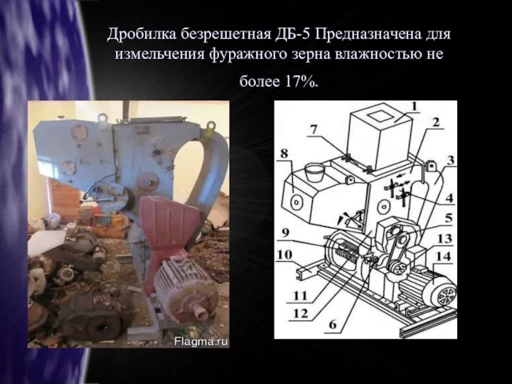 Дробилка безрешетная ДБ-5 Предназначена для измельчения фуражного зерна влажностью не более 17%.