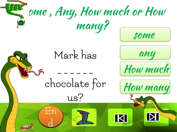 Mark has ______ chocolate for us? some any How much How many