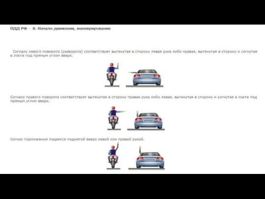 Сигналу левого поворота (разворота) соответствует вытянутая в сторону левая рука либо правая,