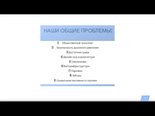 НАШИ ОБЩИЕ ПРОБЛЕМЫ:м1 Общественный транспорт Безопасность дорожного движения 3) Доступная среда 4)