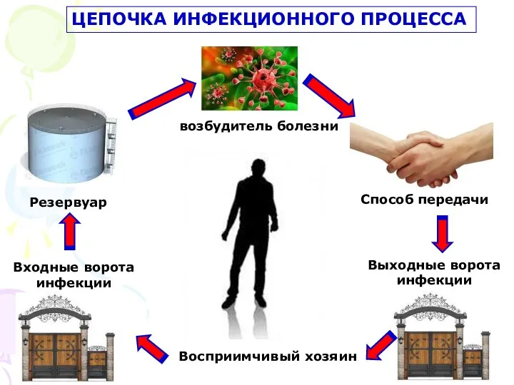 ЦЕПОЧКА ИНФЕКЦИОННОГО ПРОЦЕССА возбудитель болезни Резервуар Способ передачи Восприимчивый хозяин Входные ворота инфекции Выходные ворота инфекции