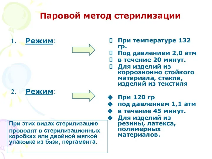 Паровой метод стерилизации Режим: Режим: При температуре 132 гр. Под давлением 2,0