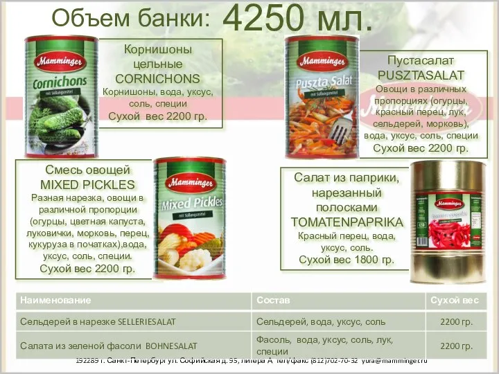 192289 г. Санкт-Петербург ул. Софийская д. 95, литера А тел/факс (812)702-70-32 yura@mamminger.ru