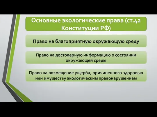 Основные экологические права (ст.42 Конституции РФ) Право на благоприятную окружающую среду Право