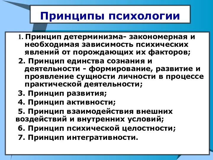 Принципы психологии 1. Принцип детерминизма- закономерная и необходимая зависимость психических явлений от