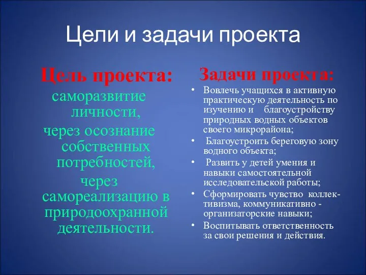 Цели и задачи проекта Цель проекта: саморазвитие личности, через осознание собственных потребностей,