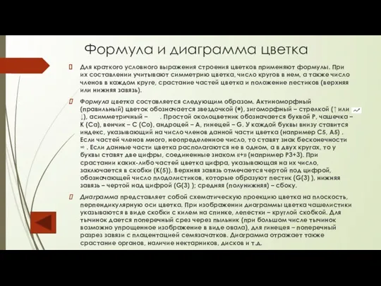 Формула и диаграмма цветка Для краткого условного выражения строения цветков применяют формулы.