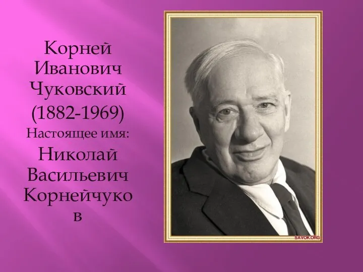 Корней Иванович Чуковский (1882-1969) Настоящее имя: Николай Васильевич Корнейчуков