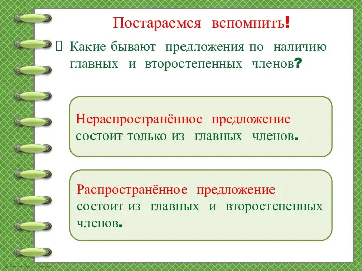 Постараемся вспомнить! Какие бывают предложения по наличию главных и второстепенных членов? Нераспространённое