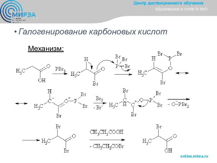 Галогенирование карбоновых кислот Механизм: