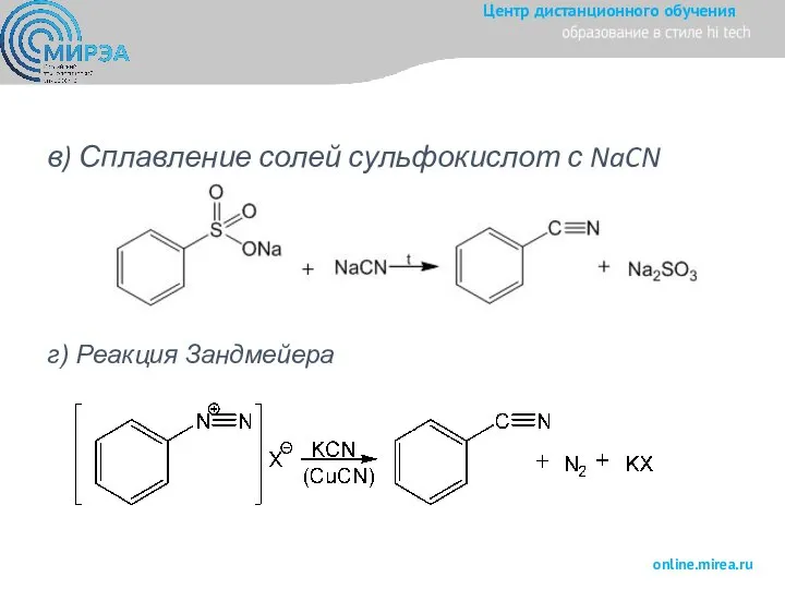 в) Сплавление солей сульфокислот с NaCN г) Реакция Зандмейера