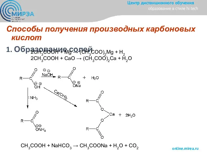 Способы получения производных карбоновых кислот 1. Образование солей 2CH3COOH + Mg →