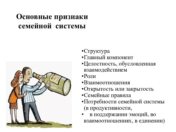 Основные признаки семейной системы Структура Главный компонент Целостность, обусловленная взаимодействием Роли Взаимоотношения