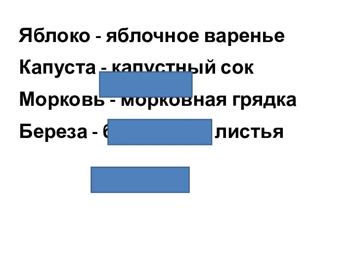 Яблоко - яблочное варенье Капуста - капустный сок Морковь - морковная грядка Береза - березовые листья