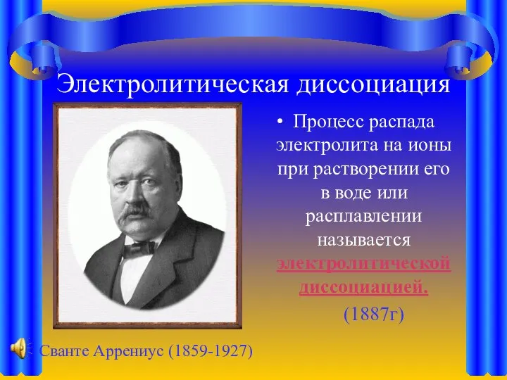 Электролитическая диссоциация Процесс распада электролита на ионы при растворении его в воде