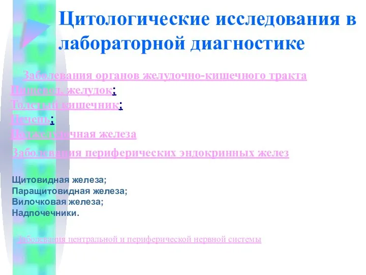 Цитологические исследования в лабораторной диагностике Заболевания органов желудочно-кишечного тракта Пищевод, желудок; Толстый