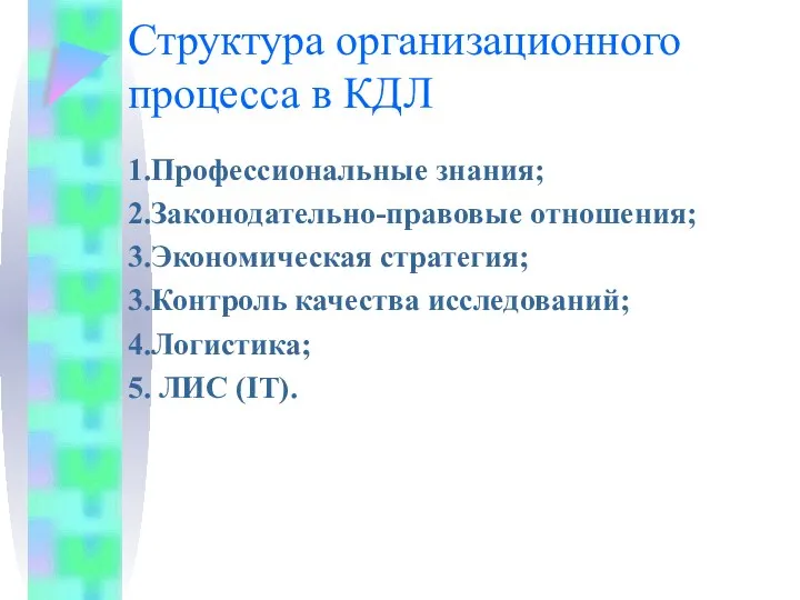 Структура организационного процесса в КДЛ 1.Профессиональные знания; 2.Законодательно-правовые отношения; 3.Экономическая стратегия; 3.Контроль