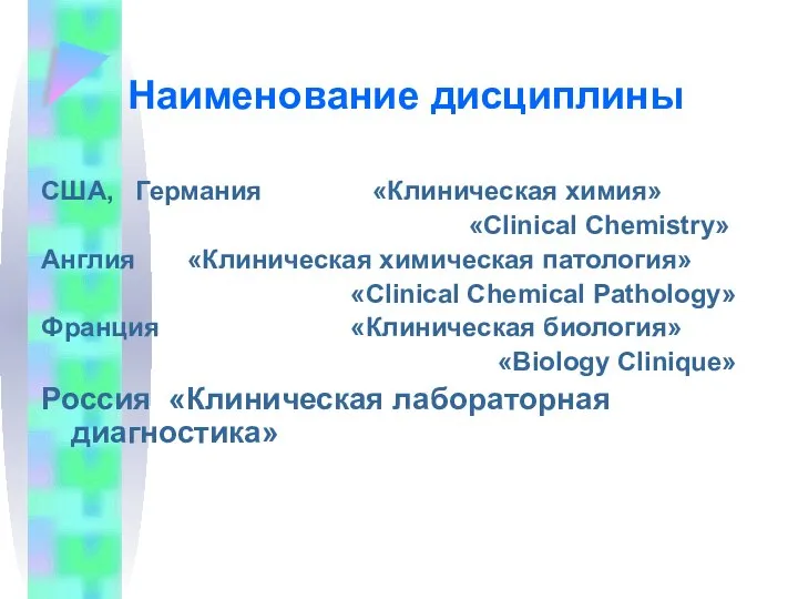 Наименование дисциплины США, Германия «Клиническая химия» «Clinical Chemistry» Англия «Клиническая химическая патология»