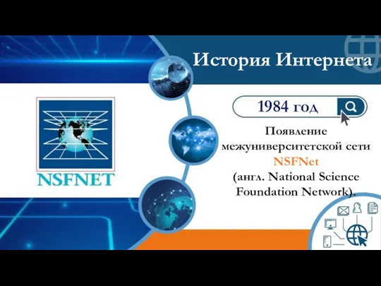 Появление межуниверситетской сети NSFNet (англ. National Science Foundation Network). 1984 год История Интернета