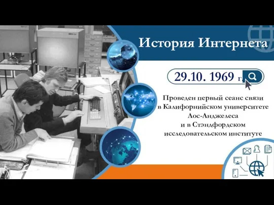 29.10. 1969 г. Проведен первый сеанс связи в Калифорнийском университете Лос-Анджелеса и