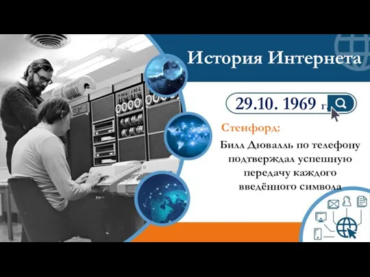 Стенфорд: 29.10. 1969 г. История Интернета Билл Дювалль по телефону подтверждал успешную передачу каждого введённого символа