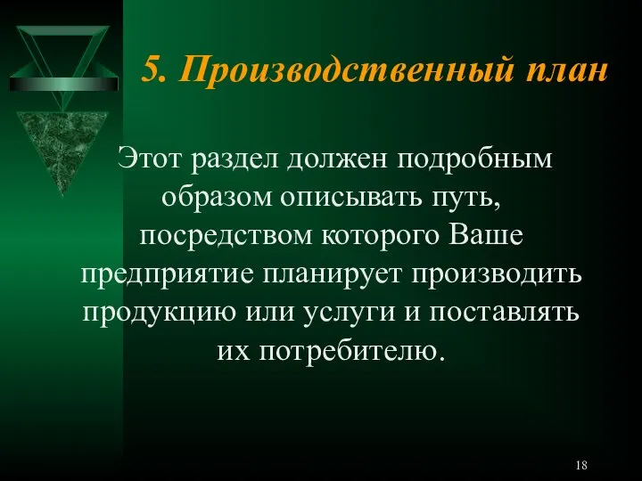 5. Производственный план Этот раздел должен подробным образом описывать путь, посредством которого