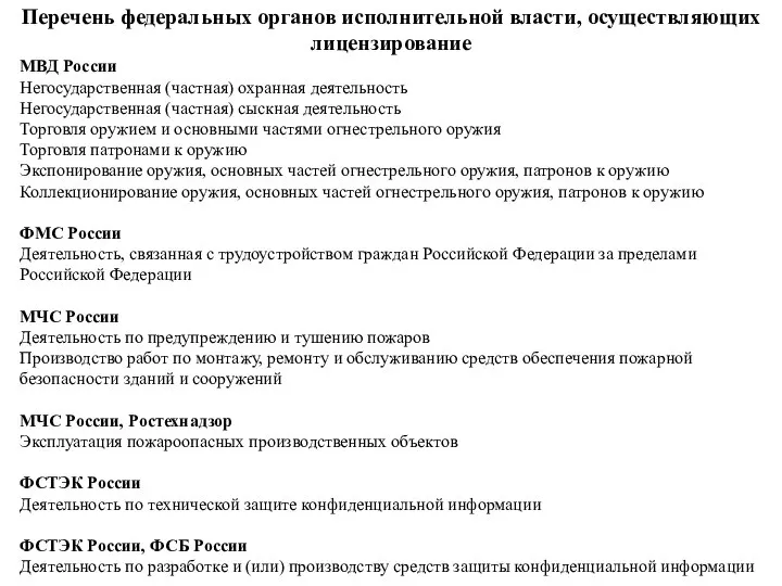Перечень федеральных органов исполнительной власти, осуществляющих лицензирование МВД России Негосударственная (частная) охранная