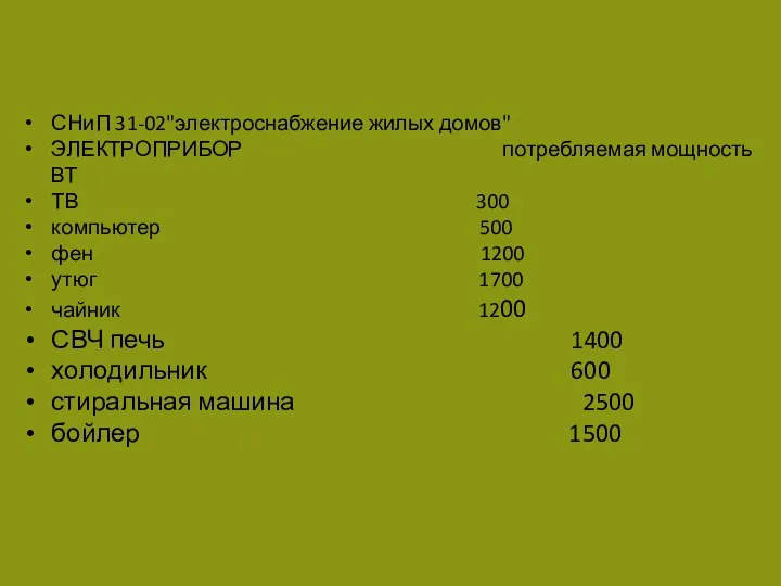 СНиП 31-02"электроснабжение жилых домов" ЭЛЕКТРОПРИБОР потребляемая мощность ВТ ТВ 300 компьютер 500