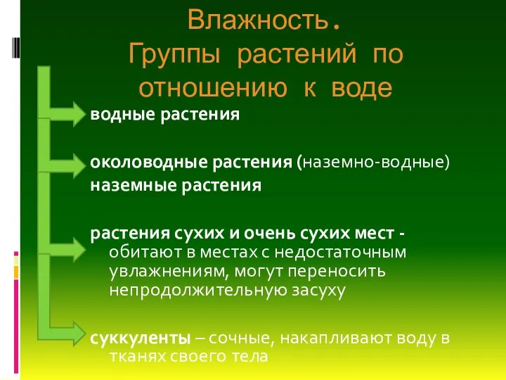 Влажность. Группы растений по отношению к воде водные растения околоводные растения (наземно-водные)