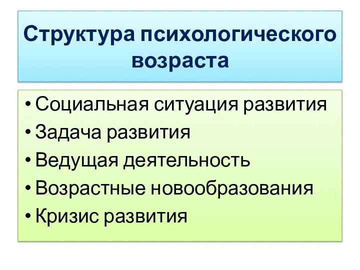 Структура психологического возраста Социальная ситуация развития Задача развития Ведущая деятельность Возрастные новообразования Кризис развития