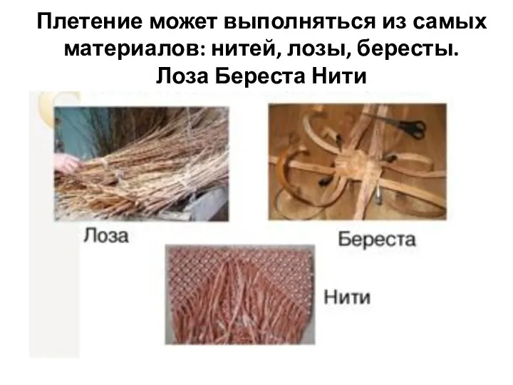 Плетение может выполняться из самых материалов: нитей, лозы, бересты. Лоза Береста Нити
