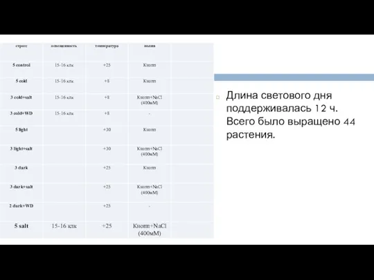 Длина светового дня поддерживалась 12 ч. Всего было выращено 44 растения.