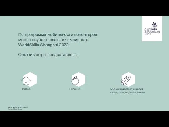 По программе мобильности волонтеров можно поучаствовать в чемпионате WorldSkills Shanghai 2022. Организаторы