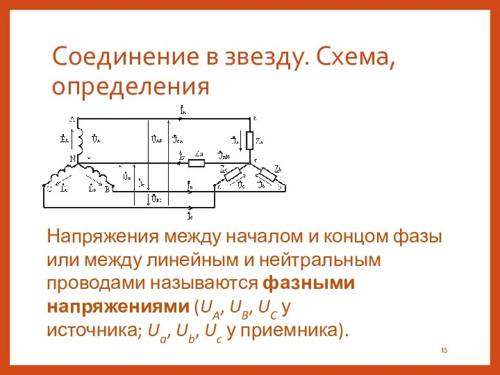 Соединение в звезду. Схема, определения Напряжения между началом и концом фазы или