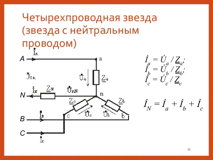 Четырехпроводная звезда (звезда с нейтральным проводом) İa = Úa / Za; İb