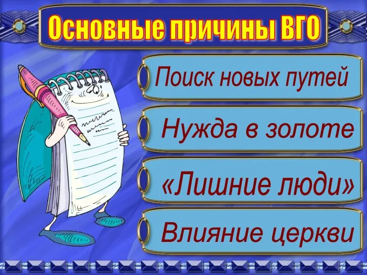 Поиск новых путей Нужда в золоте «Лишние люди» Влияние церкви Основные причины ВГО