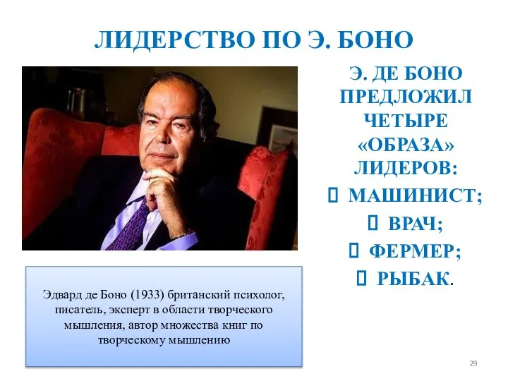 ЛИДЕРСТВО ПО Э. БОНО Э. ДЕ БОНО ПРЕДЛОЖИЛ ЧЕТЫРЕ «ОБРАЗА» ЛИДЕРОВ: МАШИНИСТ;