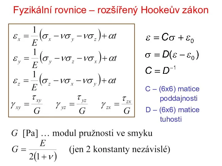 Fyzikální rovnice – rozšířený Hookeův zákon C – (6x6) matice poddajnosti D – (6x6) matice tuhosti