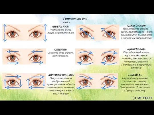 Гимнастика для глаз «ВВЕРХ-НИЗ» Поднимите глаза вверх, опустите вниз. «ДИАГОНАЛИ» Посмотрите вправо