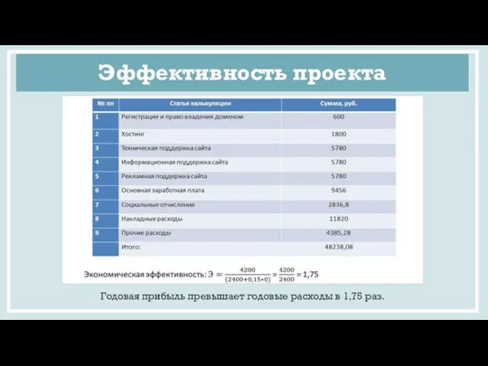 Эффективность проекта Годовая прибыль превышает годовые расходы в 1,75 раз.