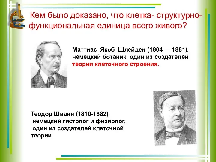 Кем было доказано, что клетка- структурно-функциональная единица всего живого? Маттиас Якоб Шлейден