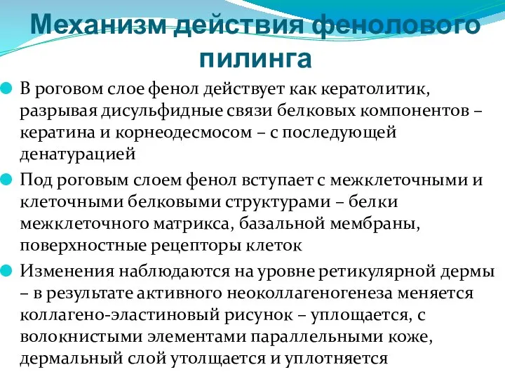 Механизм действия фенолового пилинга В роговом слое фенол действует как кератолитик, разрывая