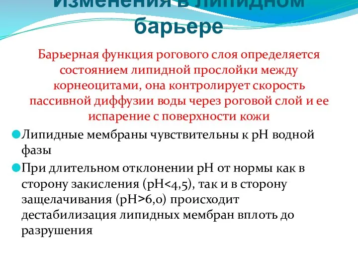 Изменения в липидном барьере Барьерная функция рогового слоя определяется состоянием липидной прослойки