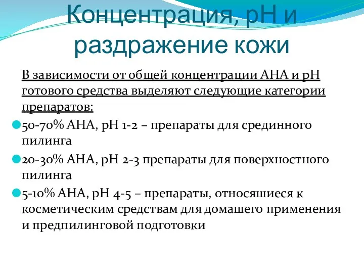 Концентрация, рН и раздражение кожи В зависимости от общей концентрации АНА и